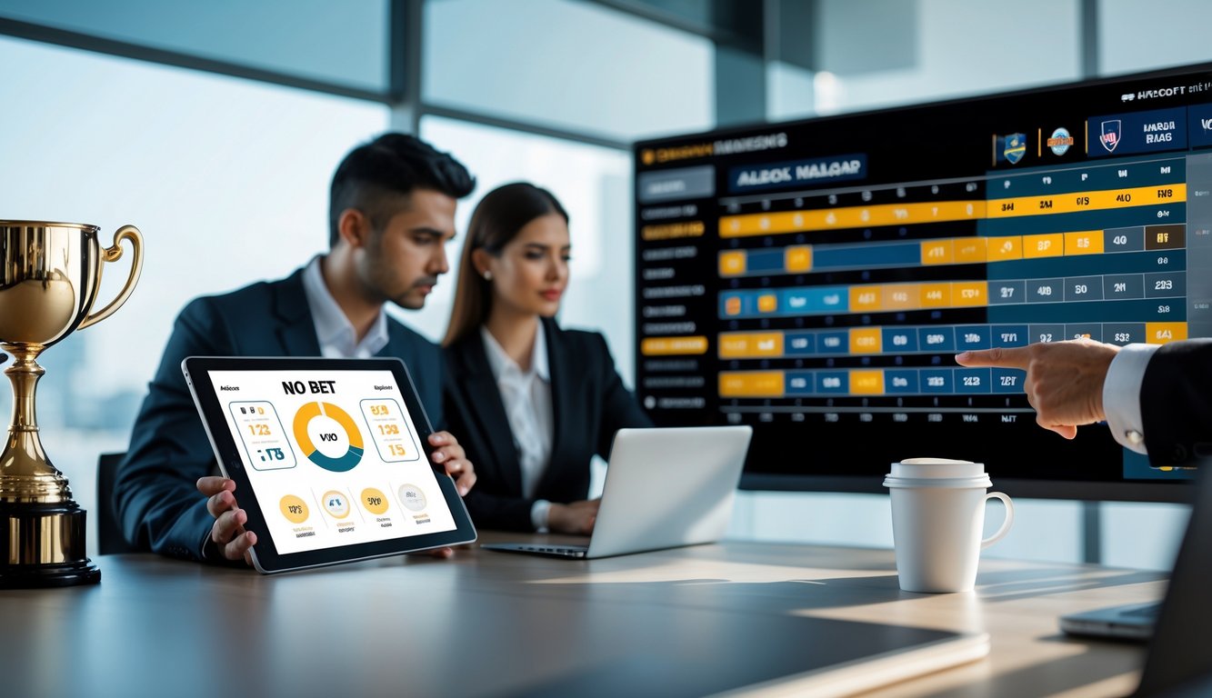 Dua orang sedang berdiskusi di kantor tentang strategi taruhan olahraga dengan grafik dan layar besar di latar belakang.