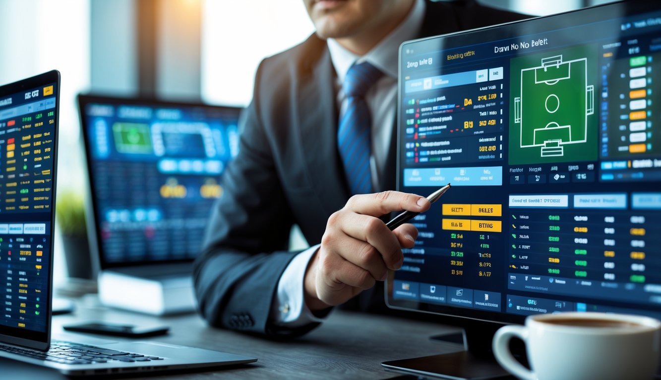 Seorang pria sedang menganalisis data taruhan olahraga di depan beberapa layar komputer dalam ruangan kantor modern.