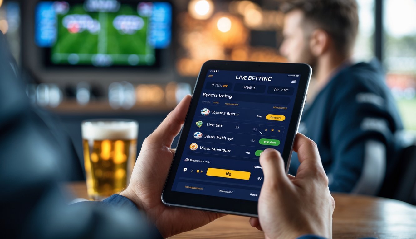 Seseorang menggunakan perangkat digital untuk melihat taruhan olahraga langsung tanpa memasang taruhan, dengan latar belakang pertandingan sepak bola yang sedang berlangsung.