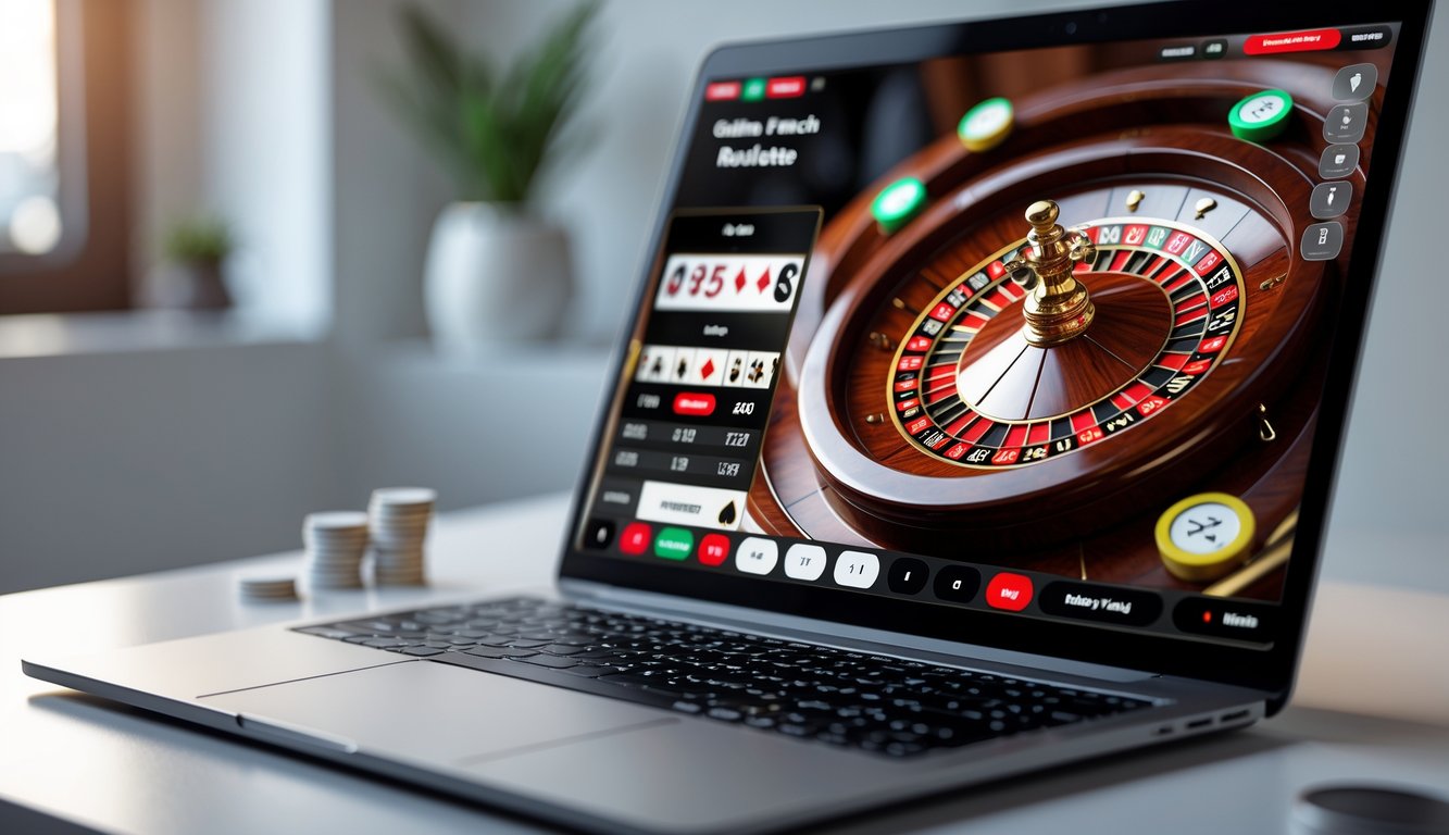 Sebuah layar komputer menampilkan permainan roulette Prancis online dengan roda roulette dan meja taruhan digital.