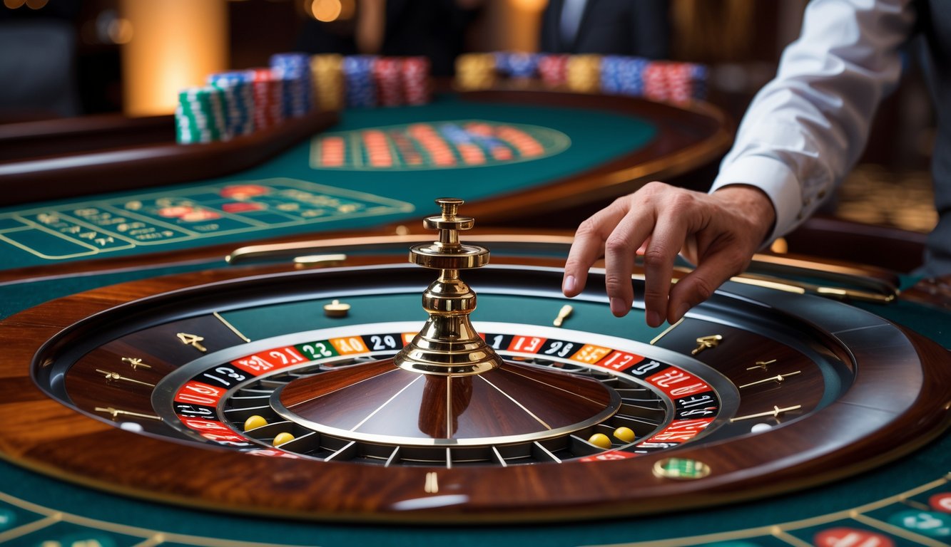 Meja roulette Prancis dengan pemain yang sedang menganalisis taruhan di kasino.