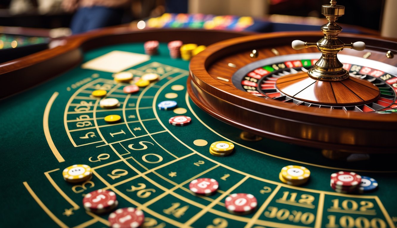 Meja roulette Prancis dengan roda roulette dan chip taruhan di kasino.