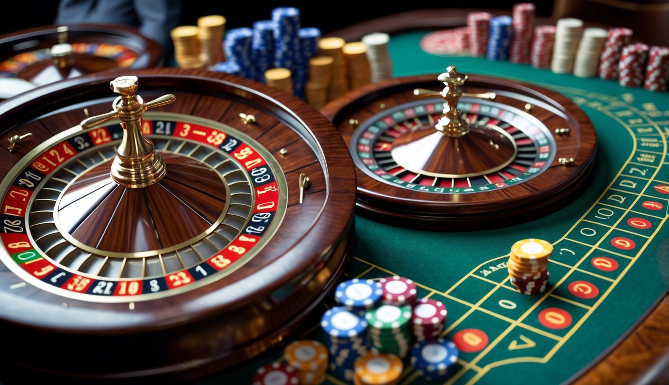 Dua roda roulette berdampingan di atas meja kasino dengan chip berwarna-warni, memperlihatkan perbedaan desain antara roulette Prancis dan roulette Eropa.