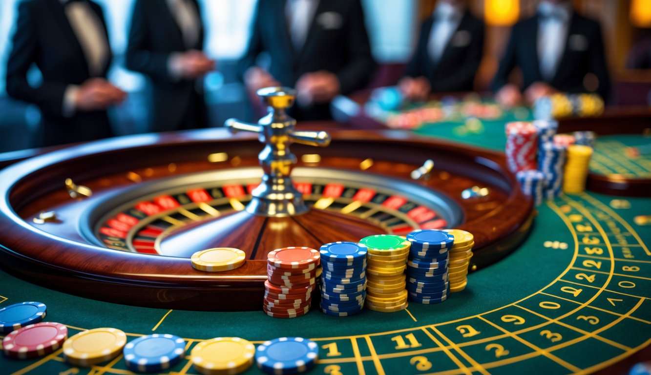 Meja roulette Prancis di kasino mewah dengan roda roulette dan chip taruhan berwarna-warni, dikelilingi oleh pemain yang mengenakan pakaian formal.