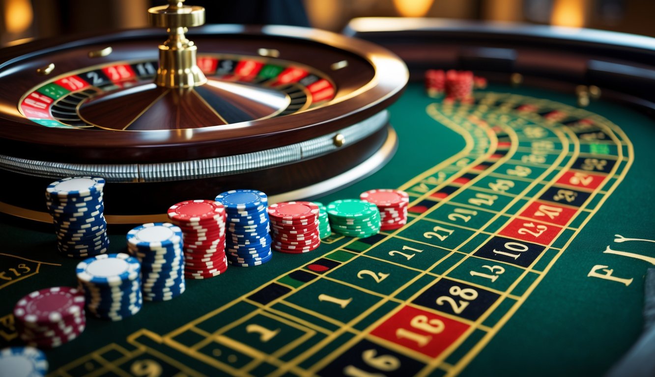 Meja roulette Prancis dengan roda roulette berputar dan tumpukan chip kasino di atas meja taruhan hijau.