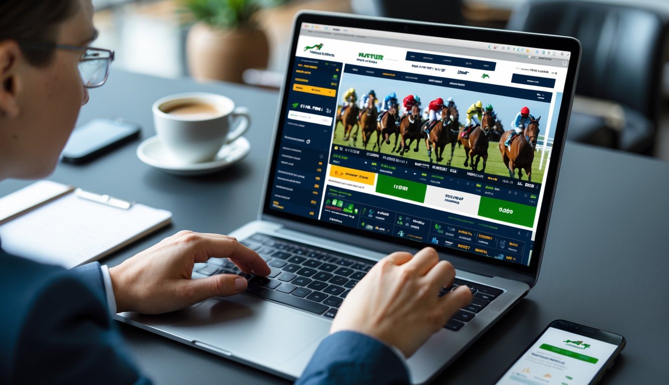 Seseorang menggunakan laptop untuk memasang taruhan balap kuda online di meja kerja dengan kopi dan ponsel di samping.