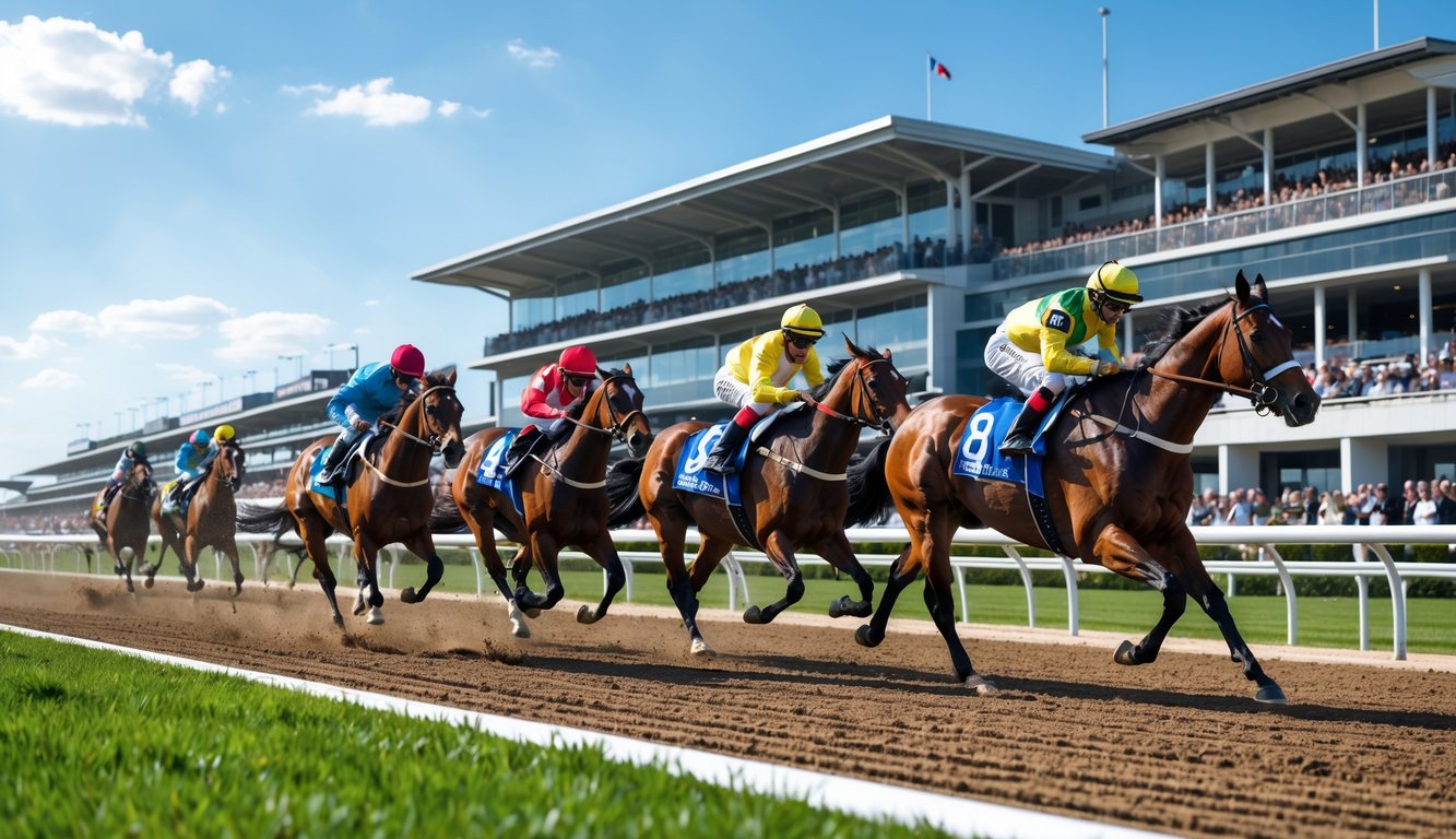Lomba pacuan kuda dengan beberapa kuda dan joki yang sedang berlari kencang di lintasan, penonton di tribun terlihat ramai.