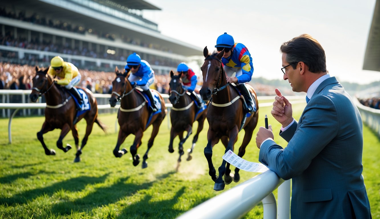 Seorang penonton berpakaian rapi memperhatikan balap kuda yang sedang berlangsung di lintasan dengan kuda dan joki berlari kencang serta penonton bersorak di latar belakang.