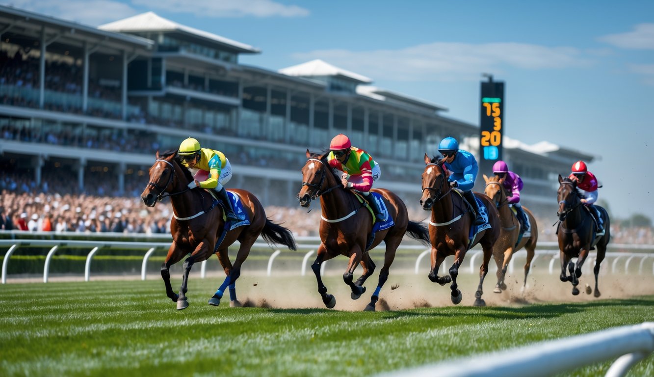 Beberapa kuda pacuan dengan joki berwarna-warni sedang berlari cepat di lintasan pacuan kuda dengan penonton di latar belakang.
