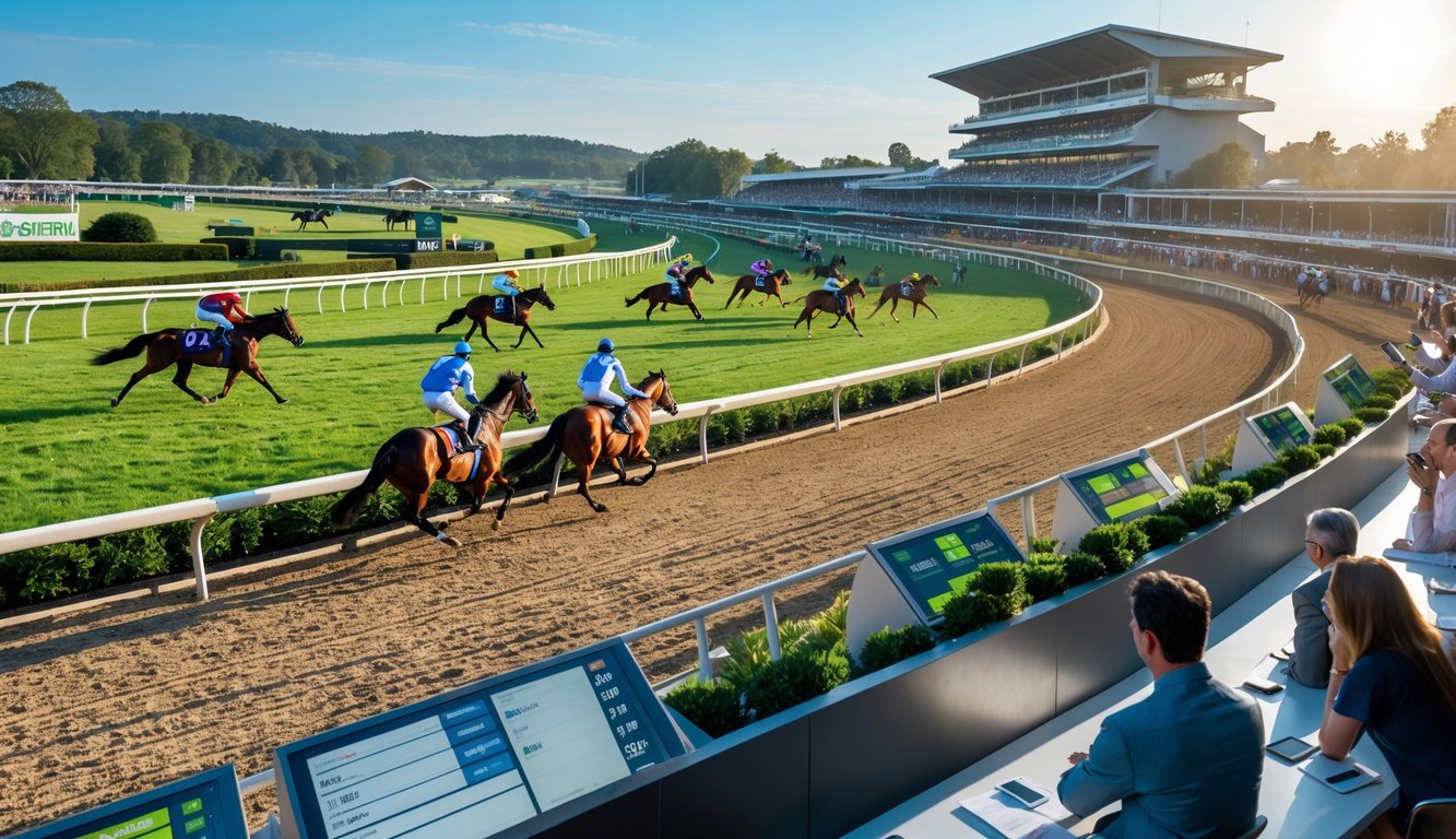 Lomba pacuan kuda dengan beberapa kuda dan joki berlari di lintasan, di latar depan orang-orang sedang memperhatikan layar digital untuk memasang taruhan.