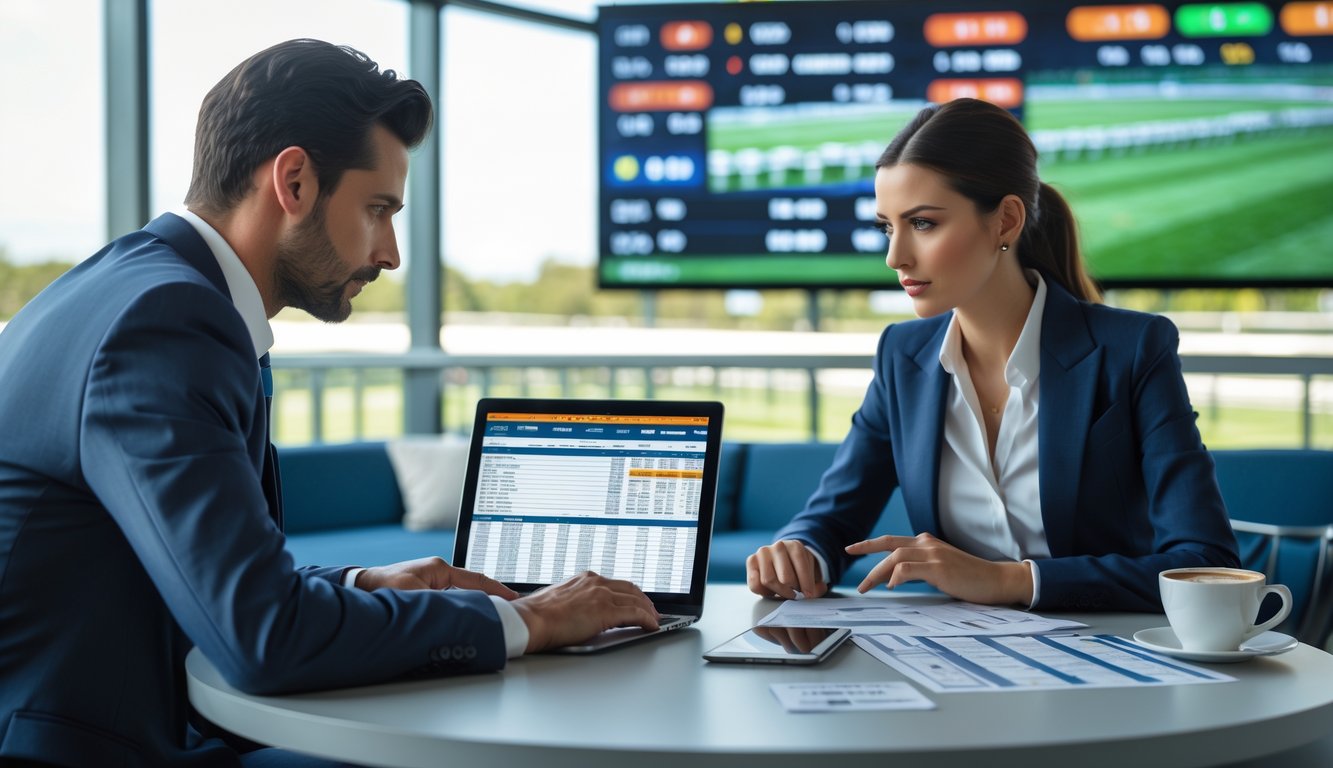 Dua orang sedang menganalisis strategi taruhan balap kuda di sebuah meja dengan laptop dan tablet, latar belakang menunjukkan layar digital dan jalur balap kuda.