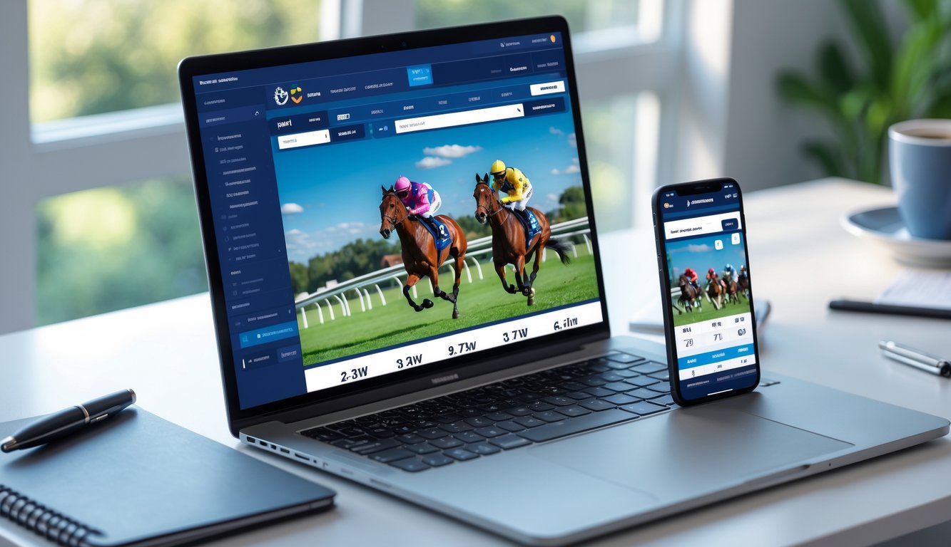 Seseorang menggunakan laptop dan ponsel untuk memasang taruhan balap kuda secara online di sebuah meja kerja modern.