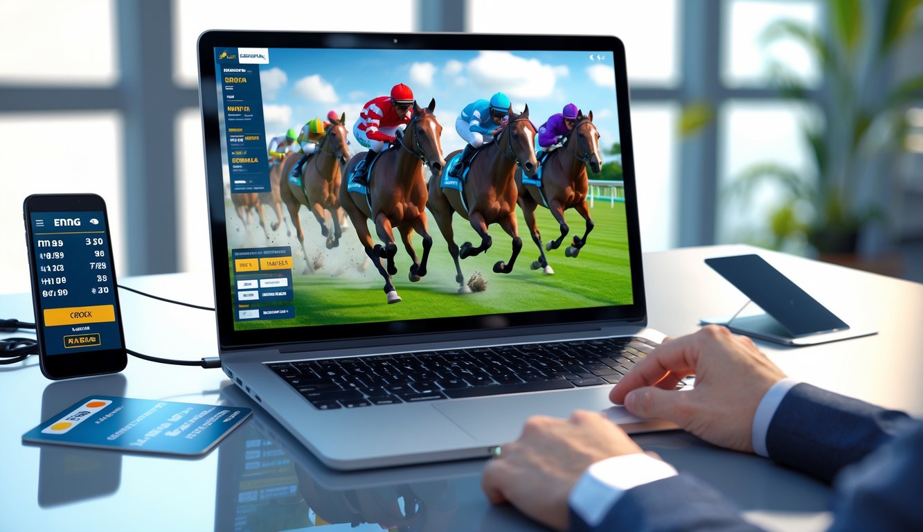 Seseorang menggunakan komputer untuk menonton balap kuda virtual dan memasang taruhan judi online.