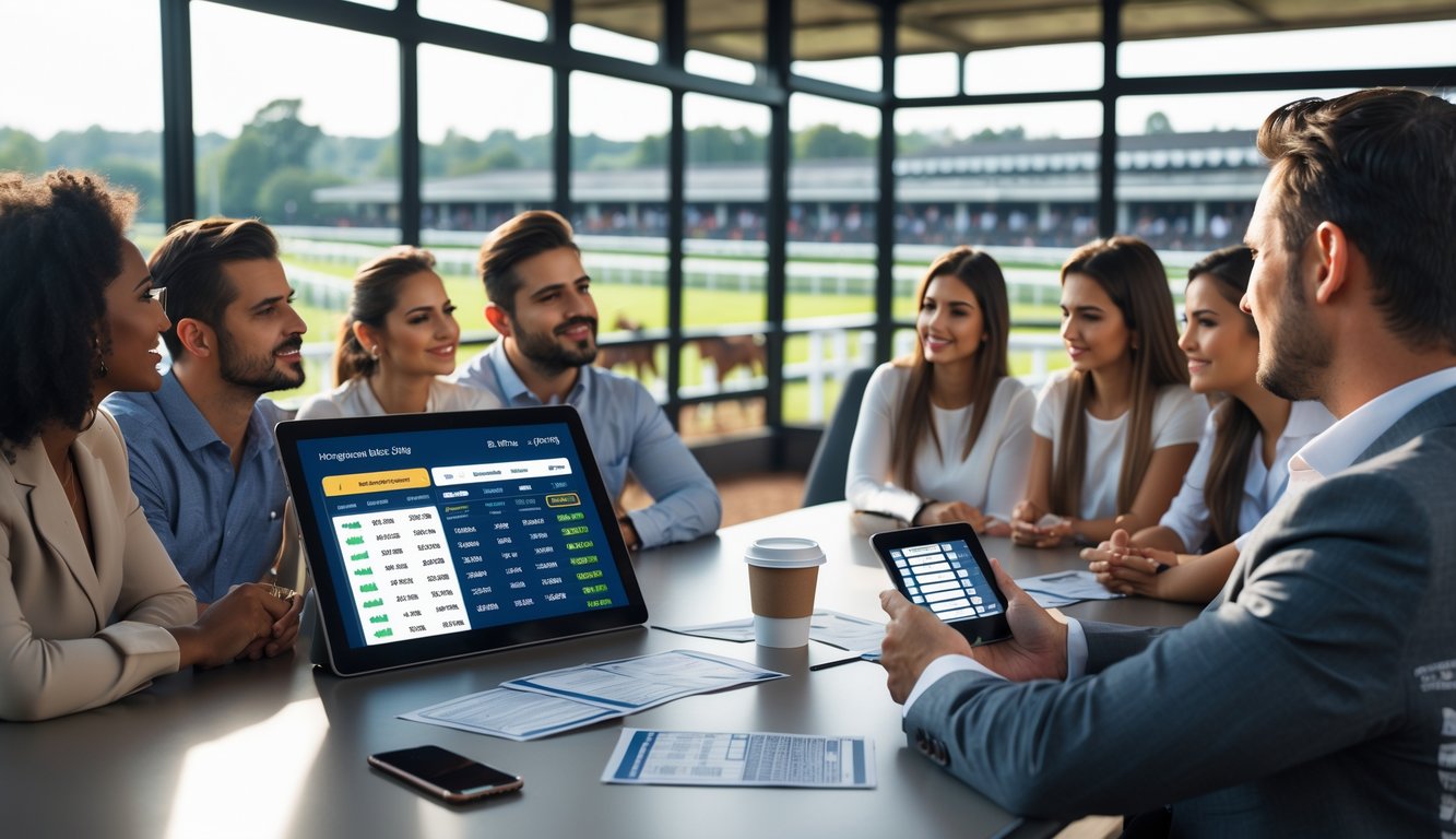 Sekelompok orang memperhatikan layar besar yang menampilkan informasi balap kuda, dengan seorang ahli menjelaskan proses taruhan menggunakan tablet di dalam ruangan yang terang dan modern.