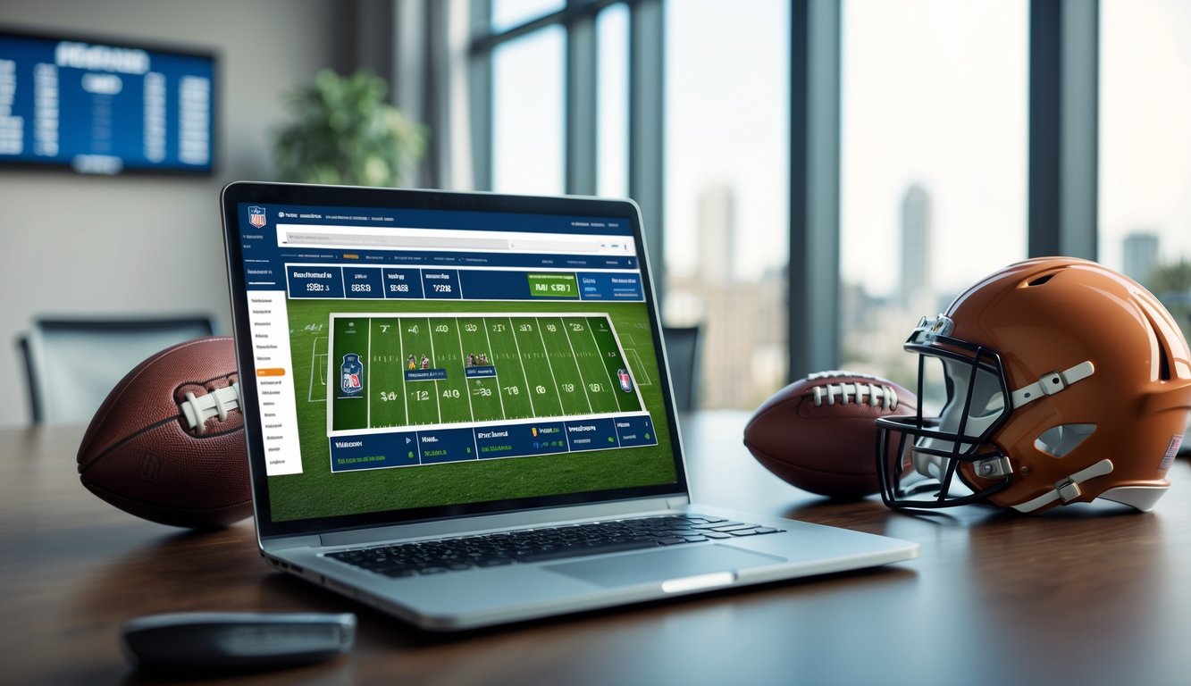 Seorang pria duduk di depan laptop dengan tampilan situs taruhan sepak bola Amerika, di meja terdapat helm dan bola sepak bola Amerika.
