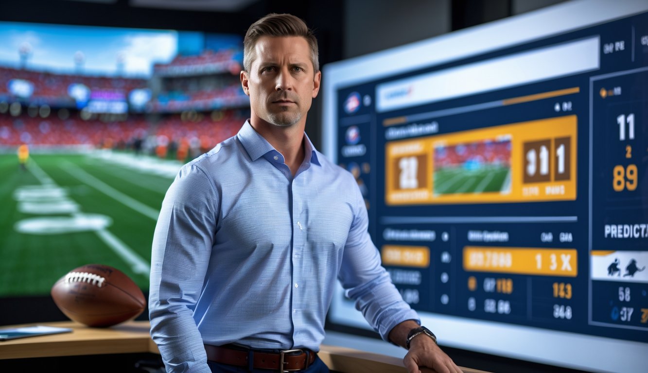 Seorang analis American football sedang berdiri di studio olahraga dengan layar digital menampilkan statistik dan prediksi skor pertandingan.