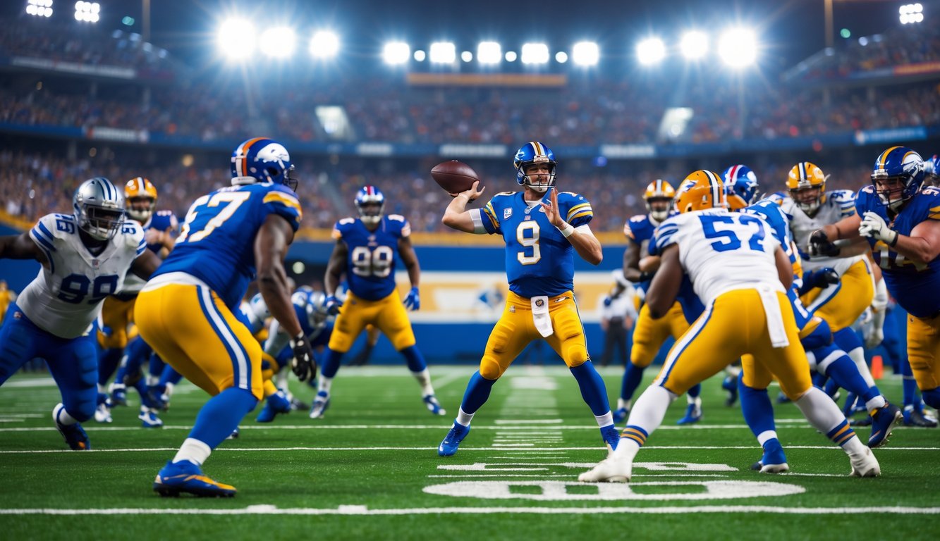 Seorang pemain quarterback NFL sedang bersiap melempar bola di lapangan hijau dengan pemain lain dan penonton di stadion.