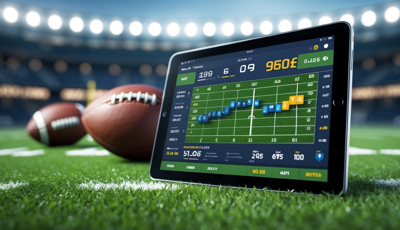 Sebuah tablet menampilkan peluang taruhan terbaru untuk pertandingan sepak bola Amerika dengan bola dan helm sepak bola di latar belakang.