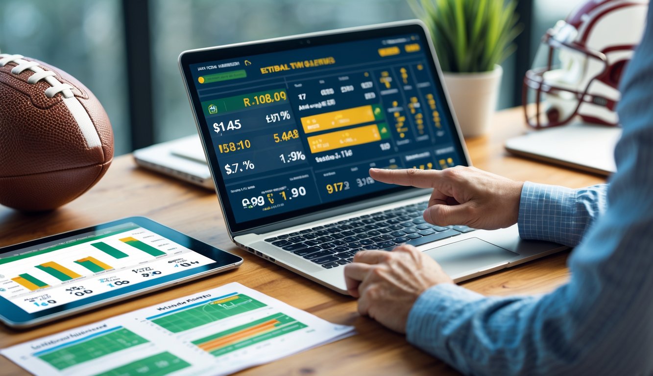 Meja kerja dengan laptop, tablet, dan grafik taruhan sepak bola Amerika, tangan menunjuk layar laptop.