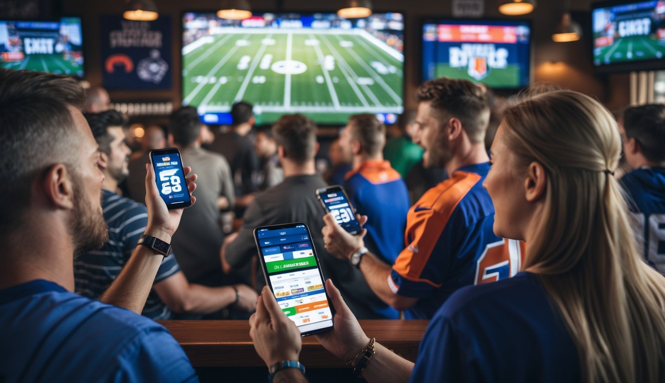 Sekelompok penggemar menonton pertandingan American football secara langsung di bar olahraga sambil menggunakan ponsel untuk memasang taruhan.