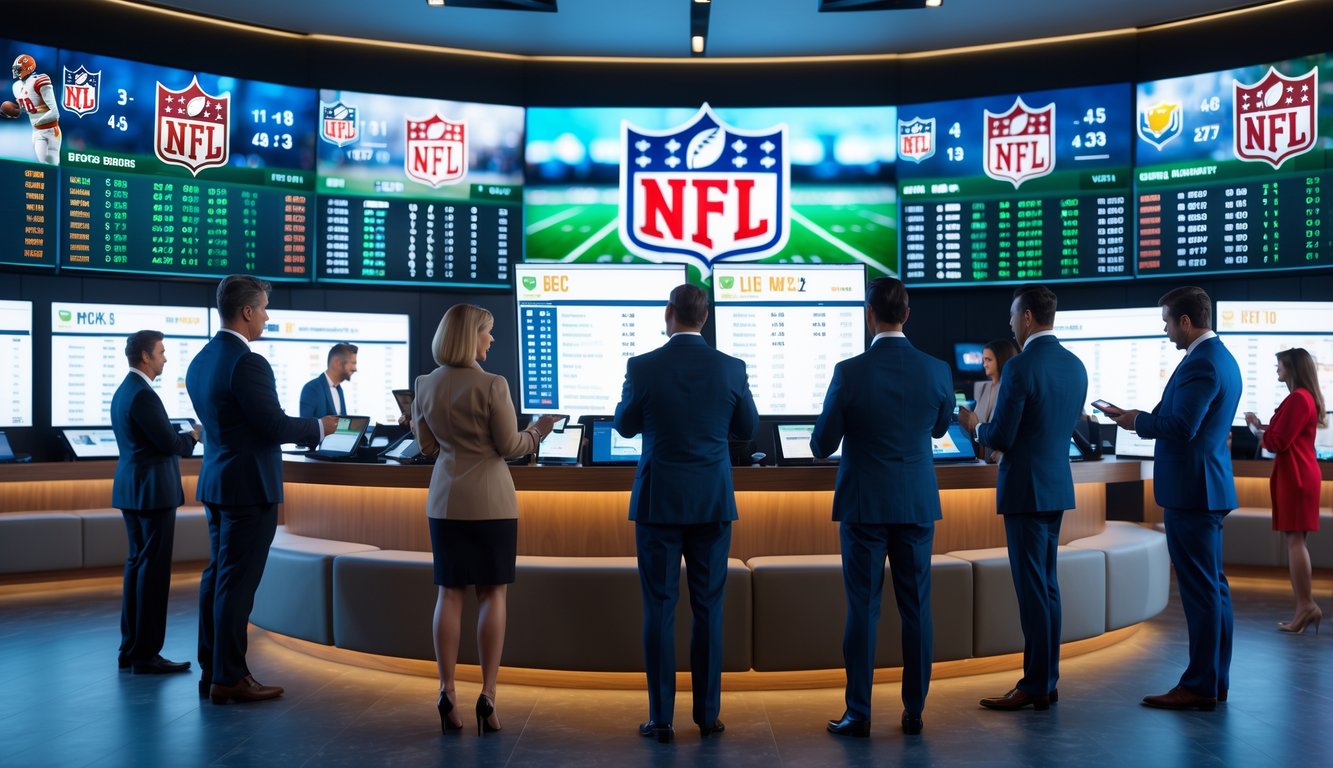 Beberapa orang dewasa sedang melihat layar besar dengan statistik dan skor NFL di ruang taruhan olahraga modern.