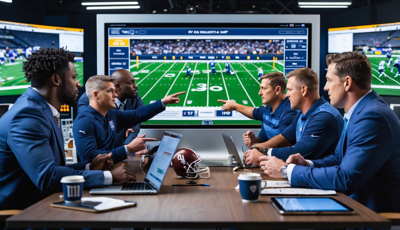 Sekelompok analis dan pelatih sepak bola Amerika sedang berdiskusi di sekitar layar sentuh digital dengan diagram permainan dan statistik di studio olahraga.