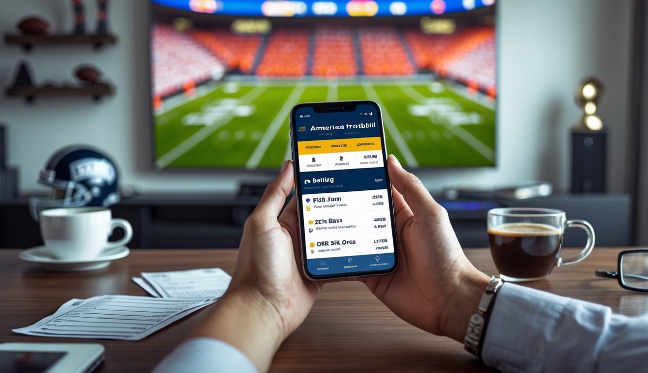 Seseorang memegang ponsel dengan aplikasi taruhan sepak bola Amerika, di latar belakang layar besar menampilkan pertandingan sepak bola Amerika yang sedang berlangsung.
