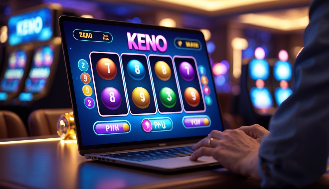 Suasana permainan Keno online dengan layar komputer menampilkan permainan Keno digital dan lingkungan kasino modern di latar belakang.