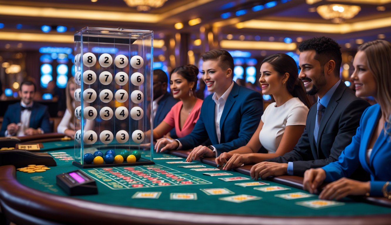 Orang-orang bermain permainan Keno secara langsung di meja kasino dengan bola bernomor dan dealer yang sedang memutar bola.