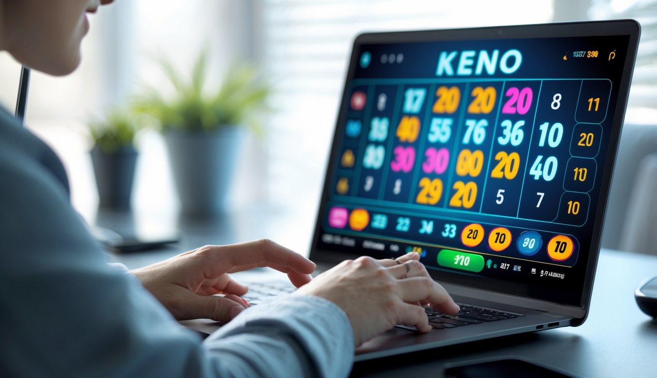 Seseorang sedang bermain permainan Keno online secara real-time di depan layar komputer di ruang kerja yang nyaman.
