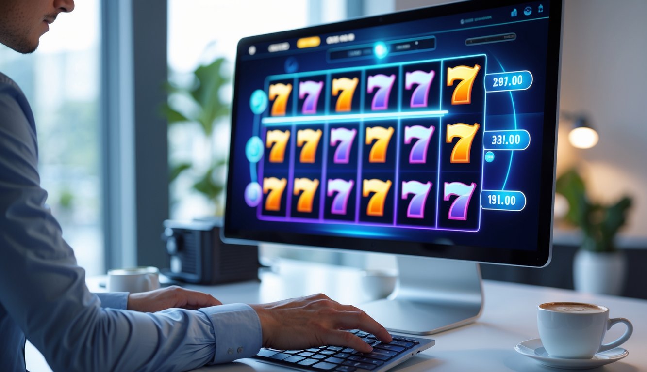 Orang menggunakan komputer dengan permainan slot online yang berwarna-warni dan tampilan layar yang jelas di lingkungan kantor modern.