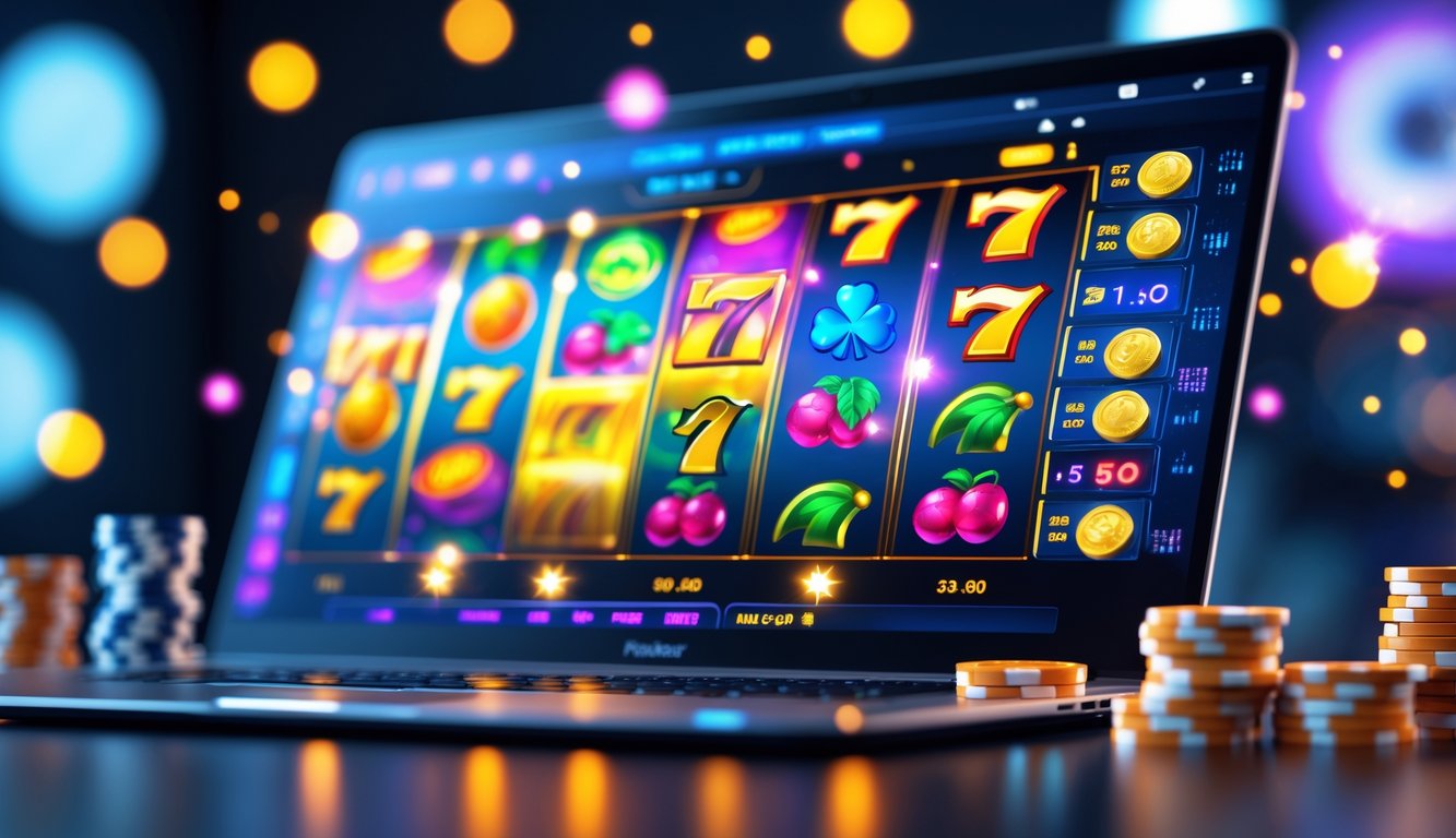 Seorang pemain sedang menggunakan komputer dengan layar menampilkan permainan slot online berwarna-warni dan tumpukan chip poker di sekitarnya.
