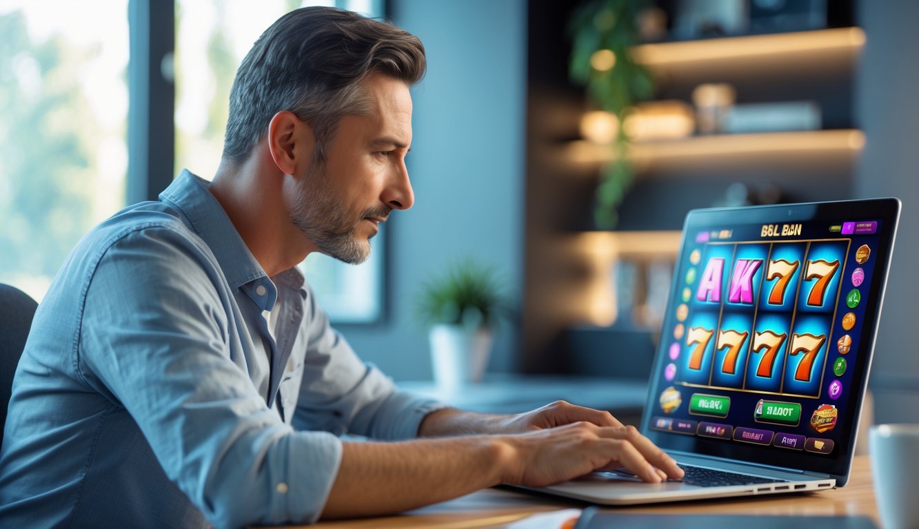 Seorang pria dewasa fokus bermain permainan slot online di laptop di ruang kerja rumah yang rapi dan terang.