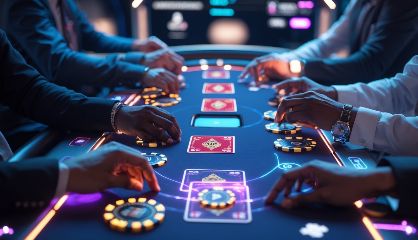 Meja poker online modern dengan kartu dan chip poker yang tertata rapi, menampilkan suasana permainan yang kompetitif.