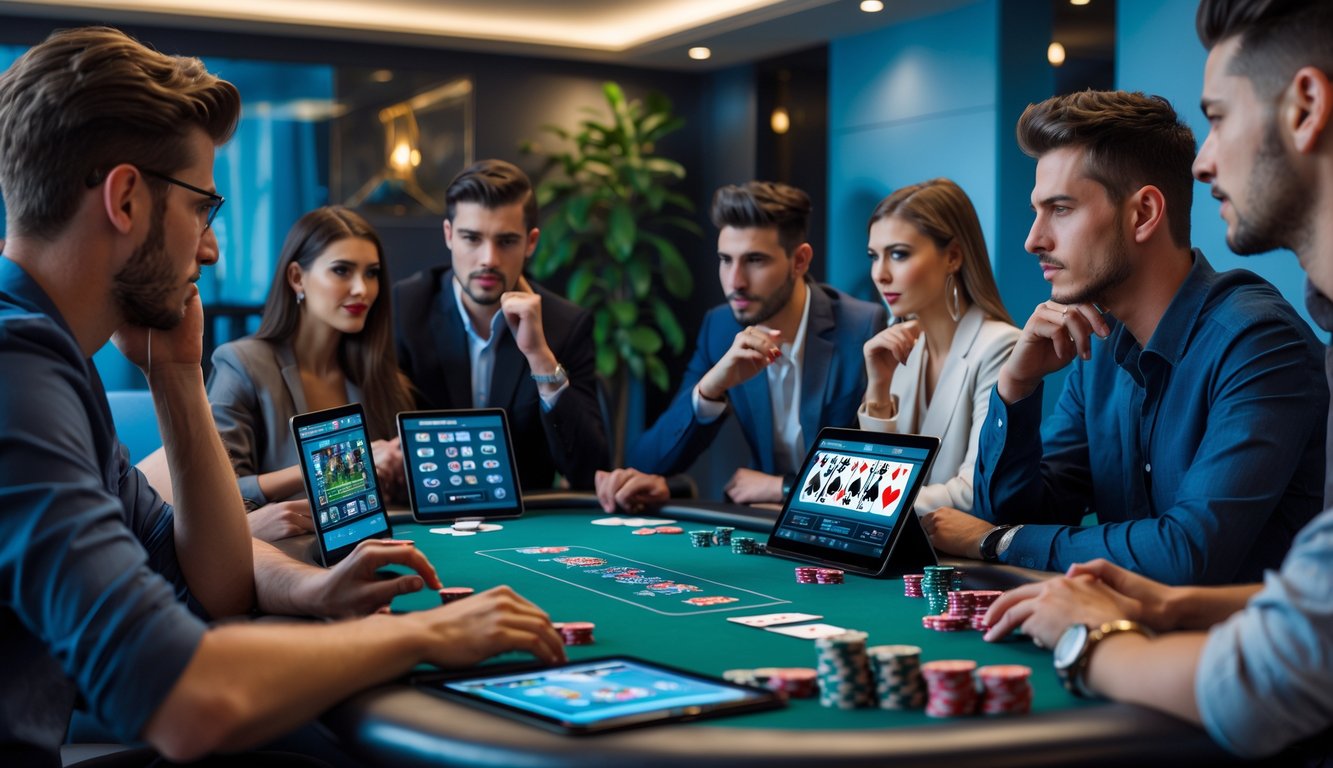 Sekelompok orang muda bermain poker di meja dengan kartu, chip, dan perangkat digital di ruangan yang terang dan modern.