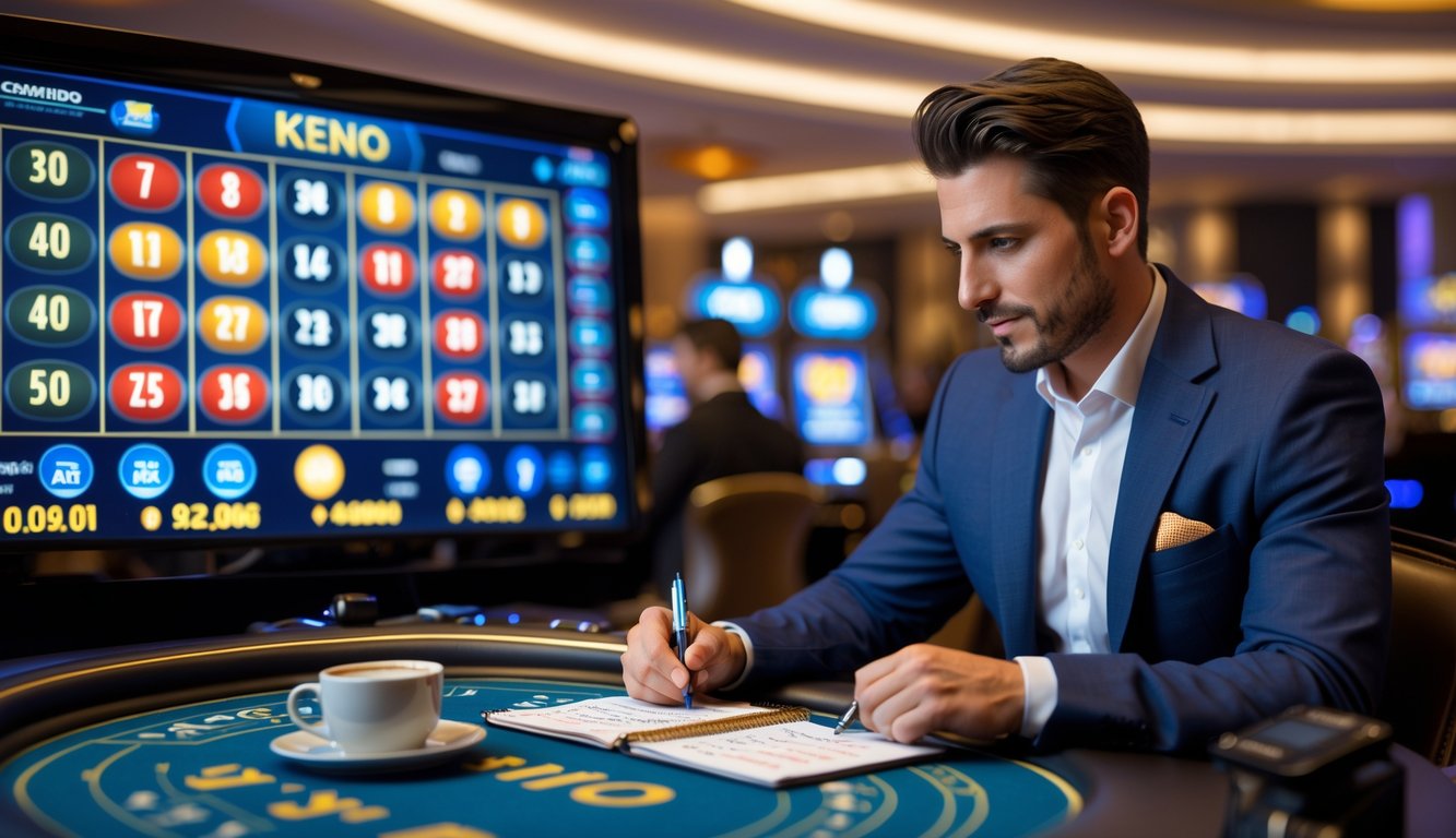Seorang pria duduk di meja permainan Keno live, sedang fokus melihat layar dengan catatan di tangan di dalam kasino.