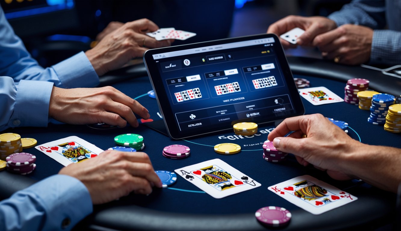 Tampilan antarmuka digital dengan berbagai meja poker online dan chip poker berwarna-warni.