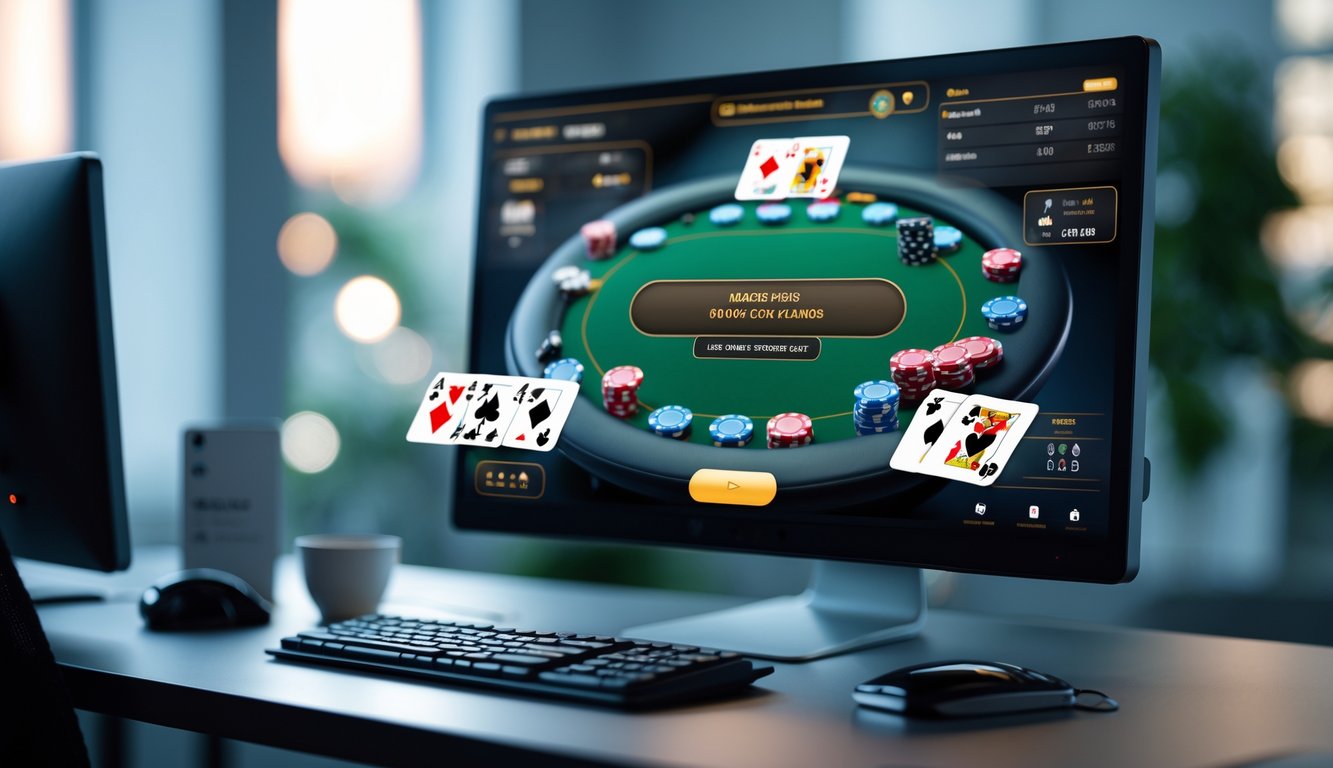 Meja poker digital profesional di layar komputer dengan kartu dan chip poker dalam ruangan kantor modern.