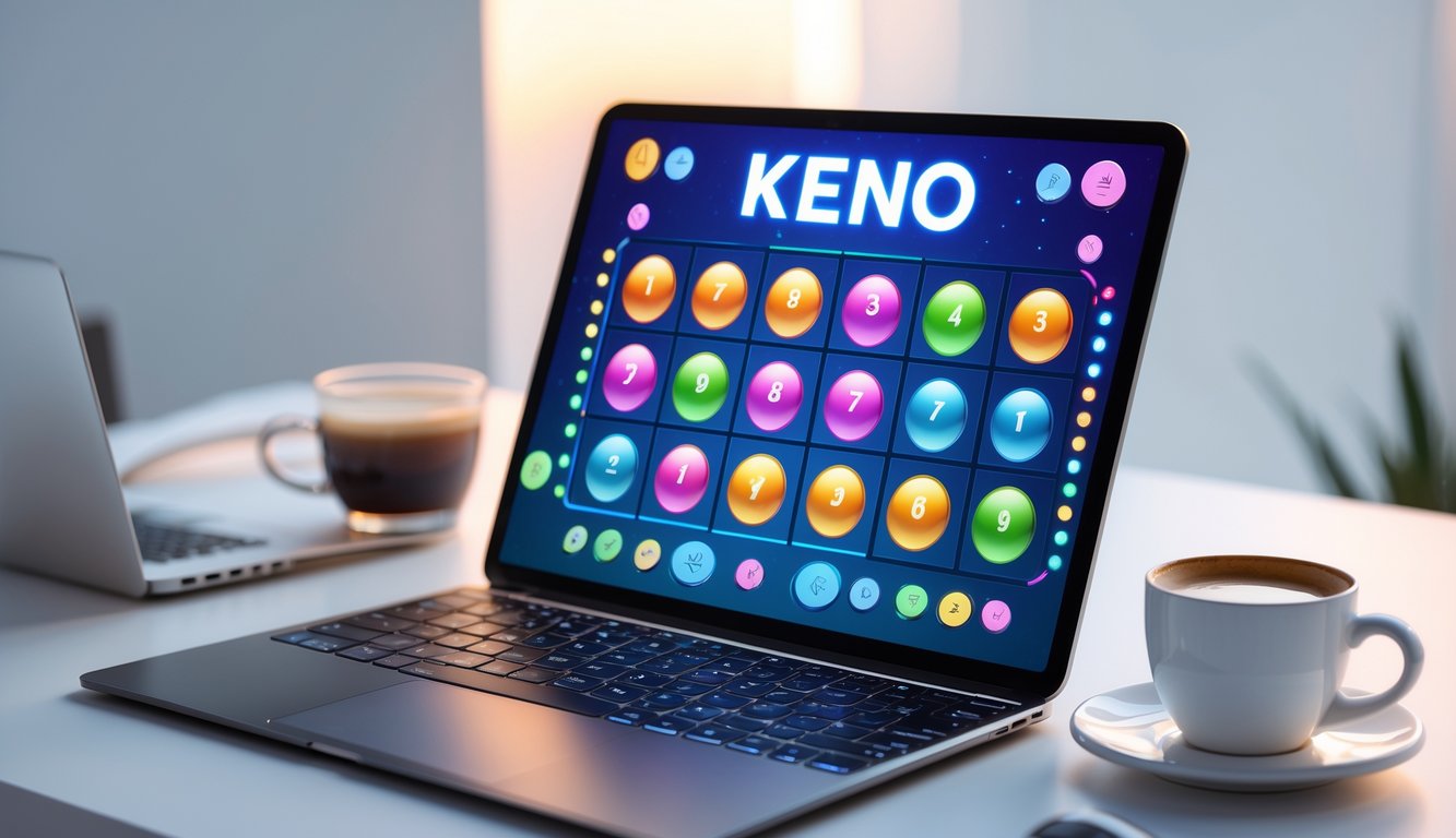 Seorang pemain menggunakan laptop untuk bermain permainan Keno online terbaru di meja kerja yang rapi.