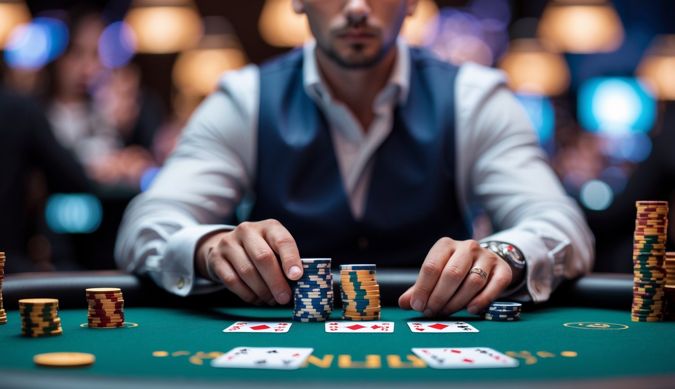 Seorang pemain poker fokus duduk di meja poker dengan kartu dan tumpukan chip di kasino yang terang.