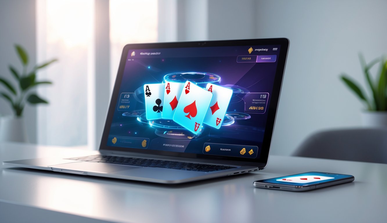 Seorang pengguna bermain poker online modern di laptop dan ponsel di atas meja bersih.