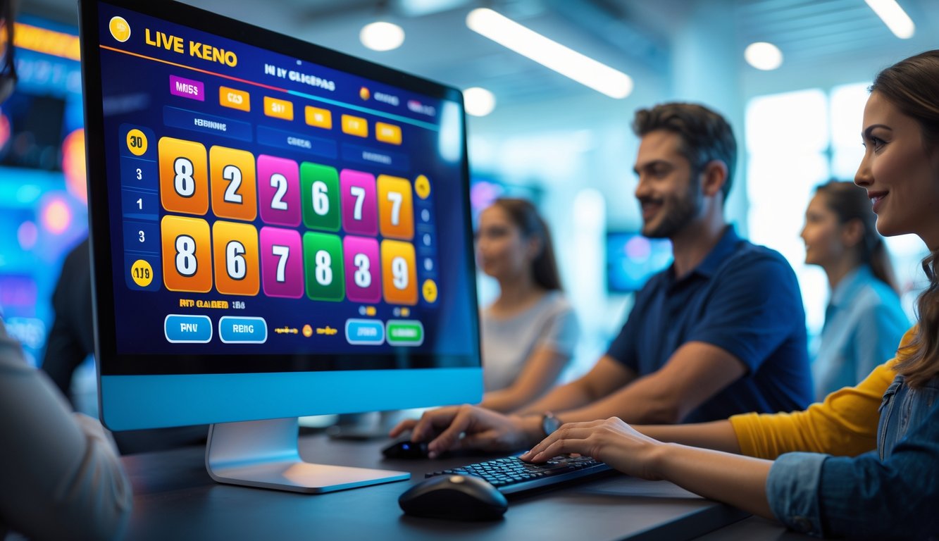 Orang-orang menggunakan platform permainan Keno langsung di komputer dalam ruangan kantor modern.