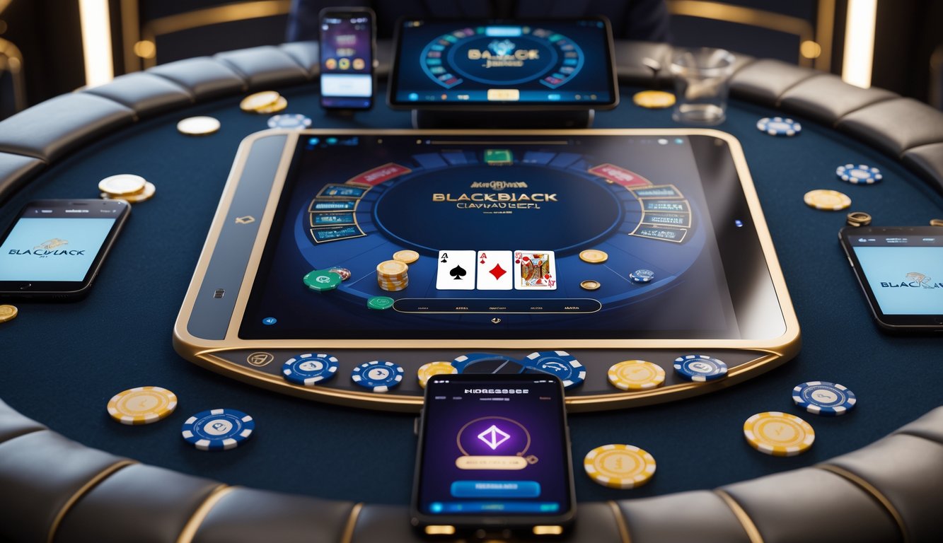 Meja blackjack online premium dengan tampilan permainan real-time dan perangkat digital di sekitarnya.