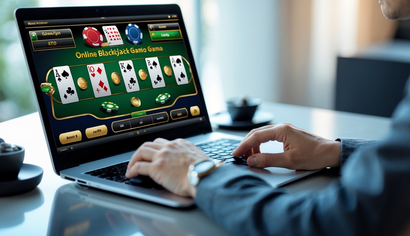 Seorang pemain menggunakan komputer untuk bermain blackjack online dengan tampilan kartu dan chip di layar.
