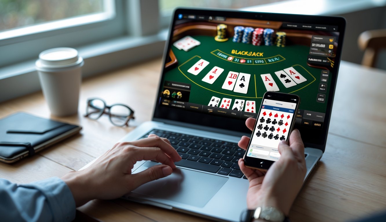 Seseorang bermain blackjack online di laptop dengan kartu yang terlihat jelas di layar, di meja kayu dengan latar belakang ruangan yang nyaman.