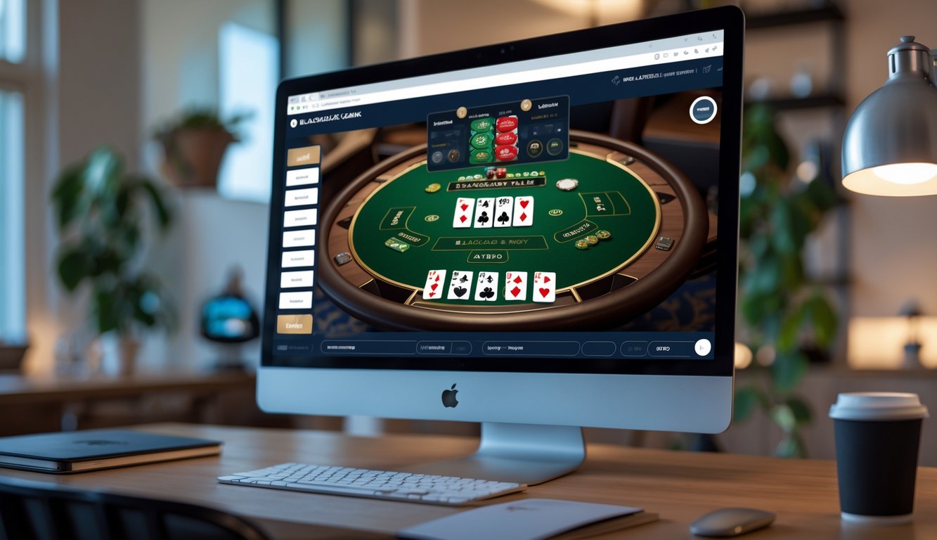 Layar komputer menampilkan permainan blackjack online dengan meja kartu dan chip virtual di ruang kerja modern.