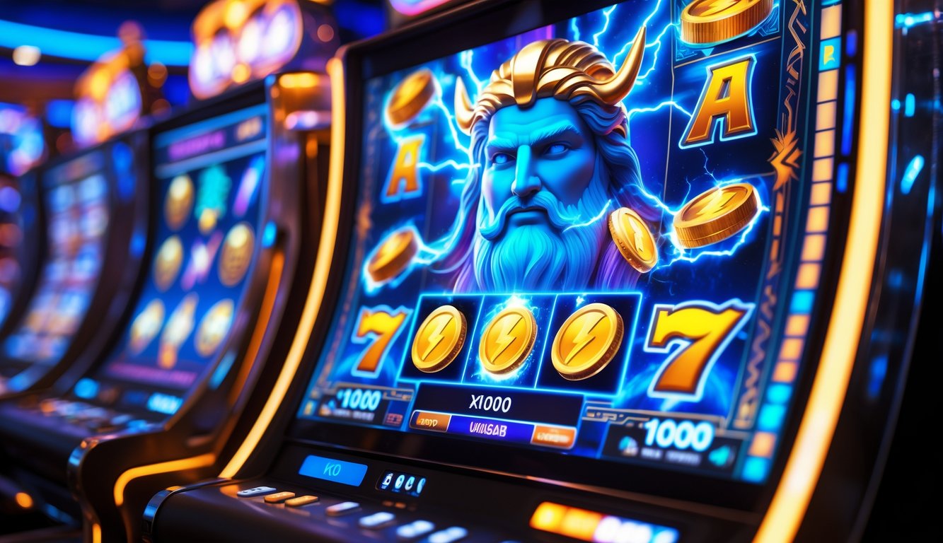 Mesin slot bertema dewa Zeus dengan simbol petir dan koin emas di latar kasino modern.