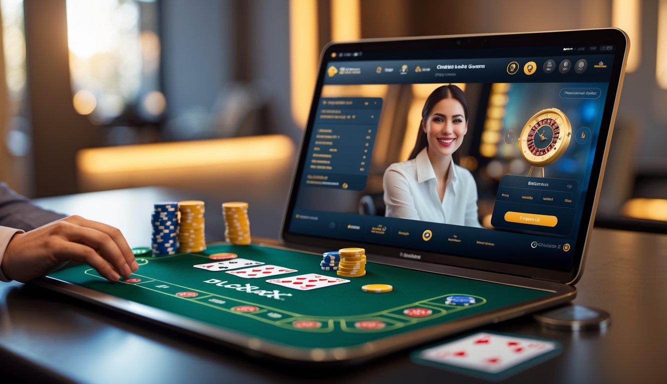 Seorang dealer berpengalaman sedang bermain blackjack online dengan meja digital dan kartu terlihat jelas.