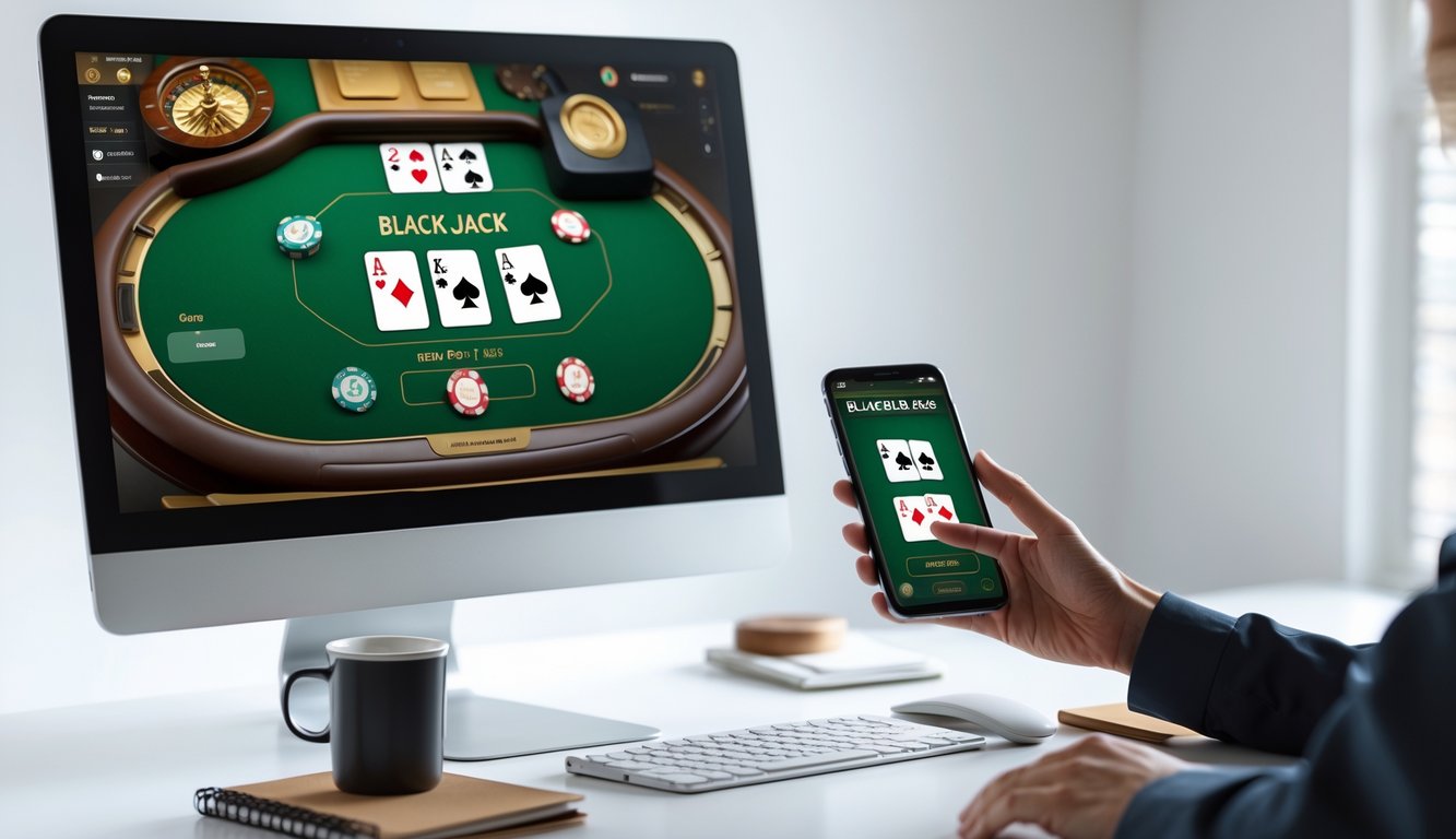 Seseorang menggunakan smartphone dan komputer dengan permainan blackjack online di layar, di atas meja kerja minimalis.