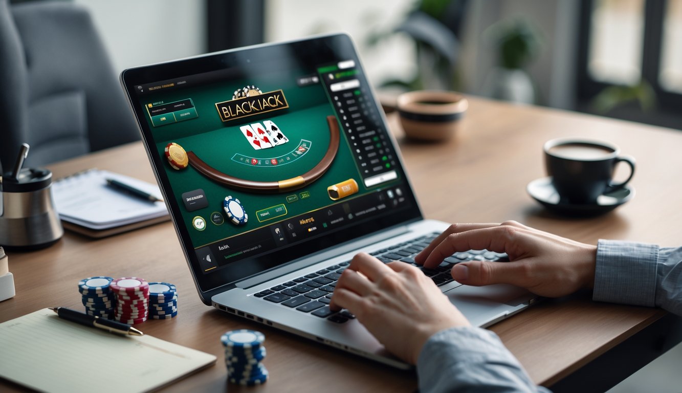 Seseorang sedang bermain blackjack online di laptop dengan tumpukan chip poker di meja dan ekspresi fokus.